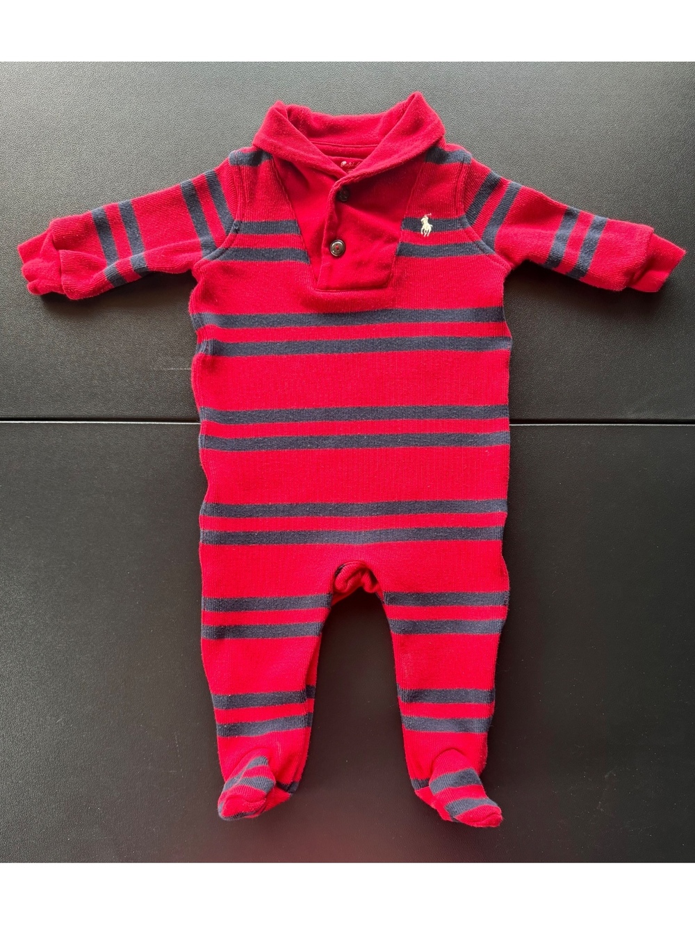 Ralph Lauren Baby Boys Footed Coverall 6M Red Navy Stripe Shawl Collar Pony